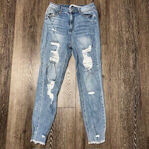 Tinseltown Women's Junior Size 9 Blue Skinny Distressed Medium Wash Stretch Jean